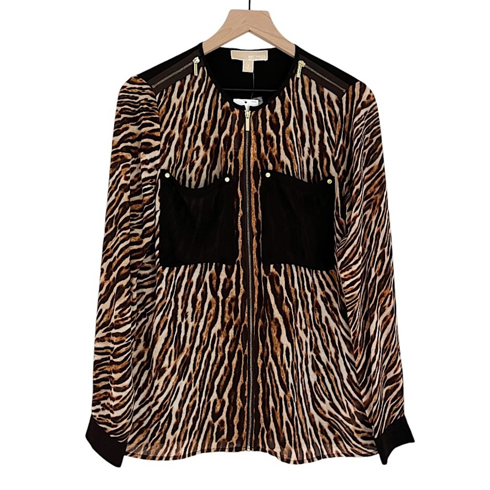 NWT MICHAEL Michael Kors Women’s Animal Print Top Zipper Front Brown Black Small